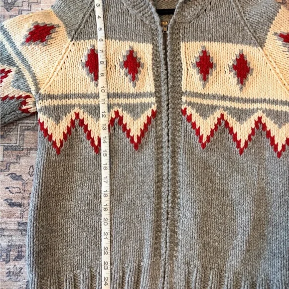 Gray Shawl Collar Zip Sweater with Red and Cream Pattern - Picture 5 of 8